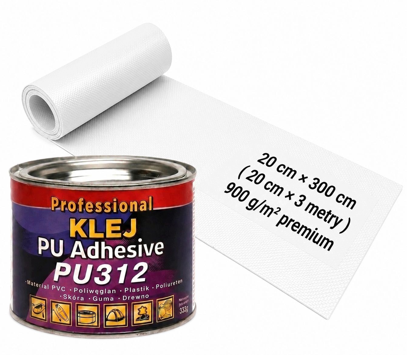 Zestaw do naprawy Plandeki klej+DUŻA Biała łata 3mx20cm na Zimno i Gorąco