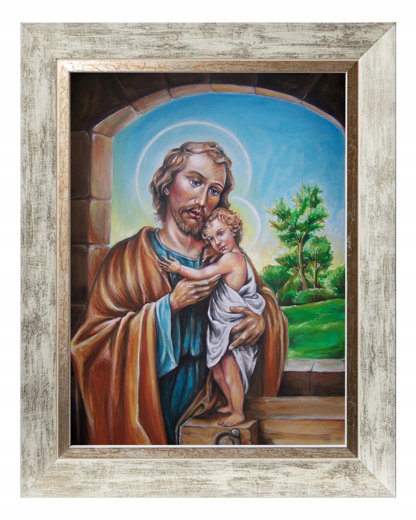 Svatý Josef Náboženský Obraz Na Plátně V Bílém Zdobeném Rámu 30X40