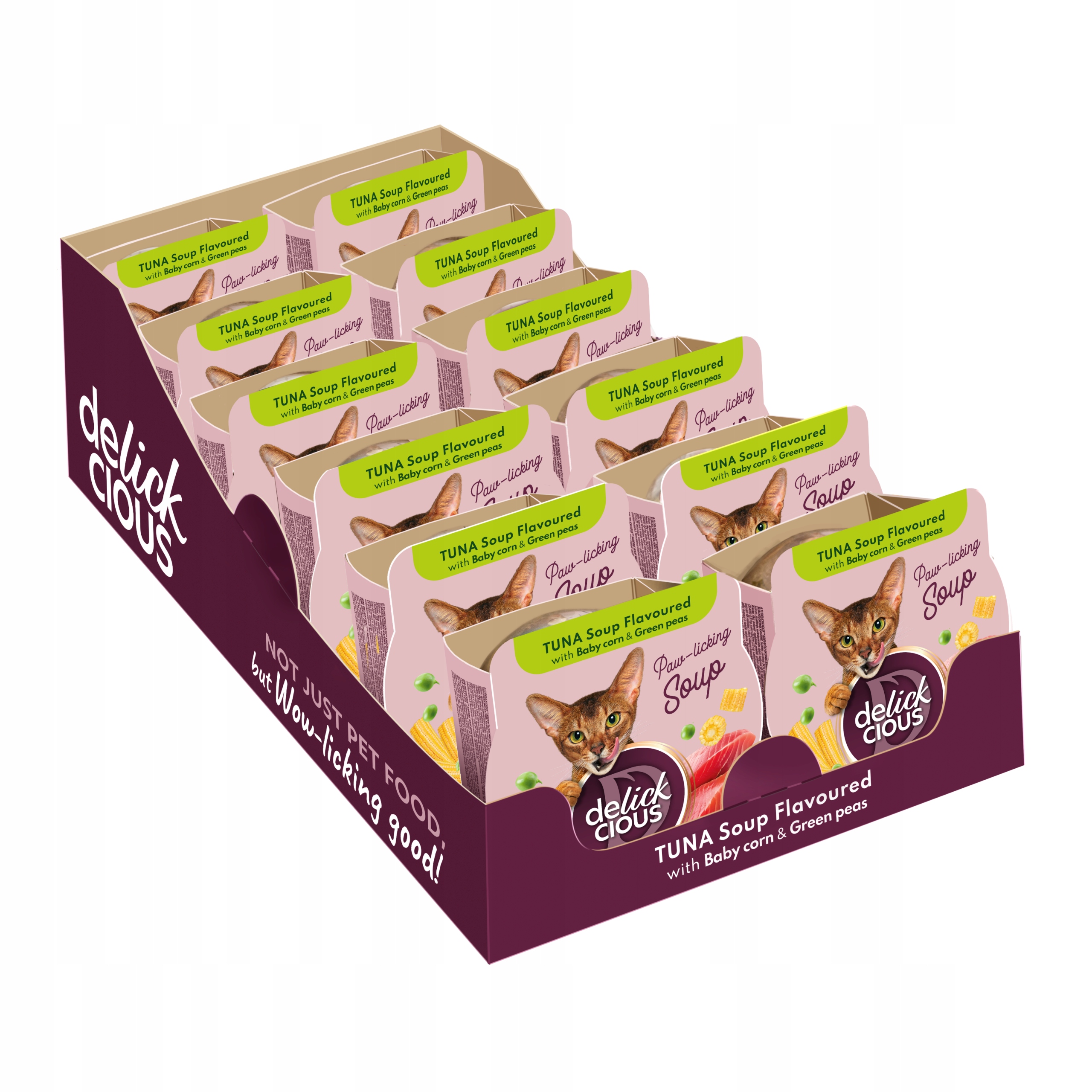 Levně Delickcious Cat Adult Soup Tuňák s Kukuřicí a Hráškem 12x80g