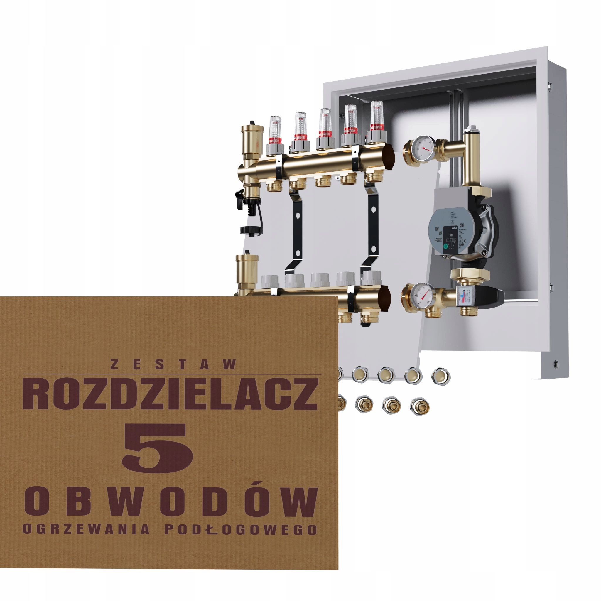 Rozdělovač pro podlahu 5 okruhů s čerpadlem Wilo podomítková skříňka Pex