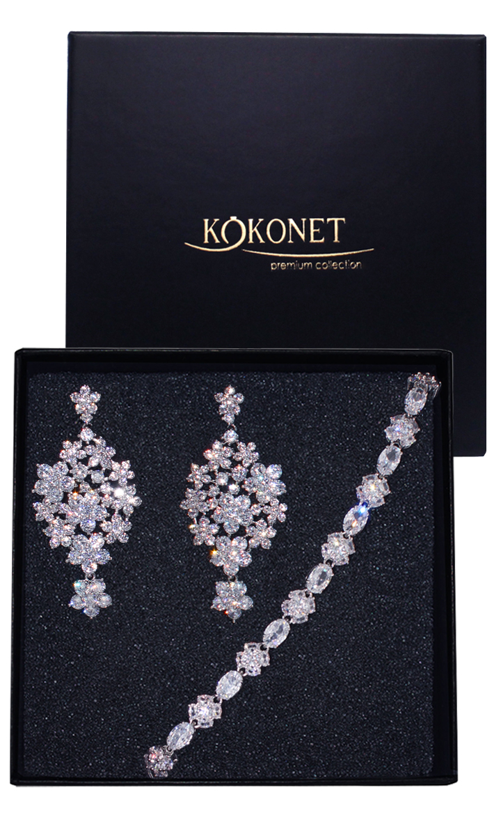 Elegantní květinový komplet svatebních šperků, náramek s náušnice, stříbrný