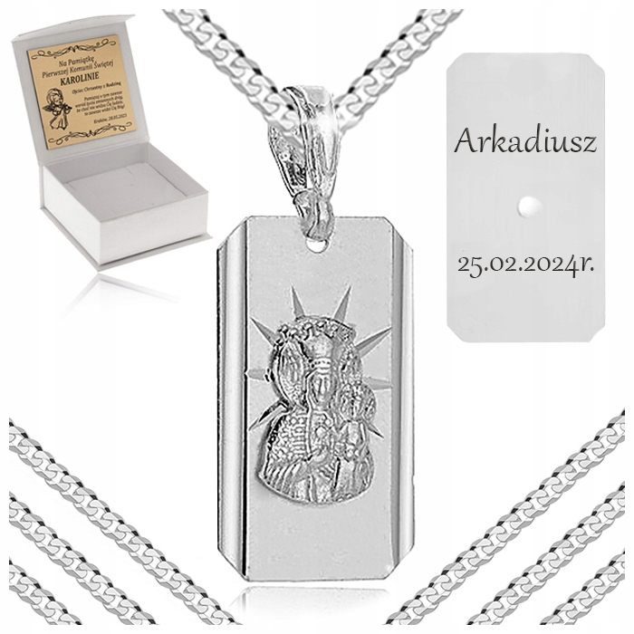 SREBRNY NASZYJNIK + MEDALIK ZAWIESZKA MATKA BOSKA CZĘSTOCHOWSKA NA KOMUNIĘ