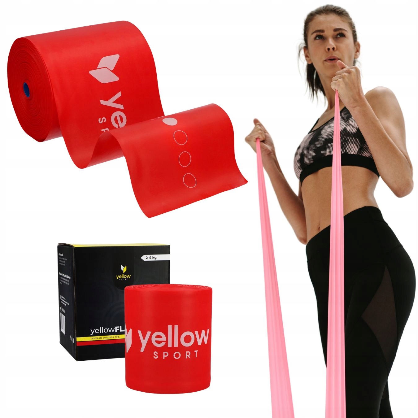 30 metrů dlouhá odporová páska YellowFLAT band Tpe červená. Odpor 2-4 kg