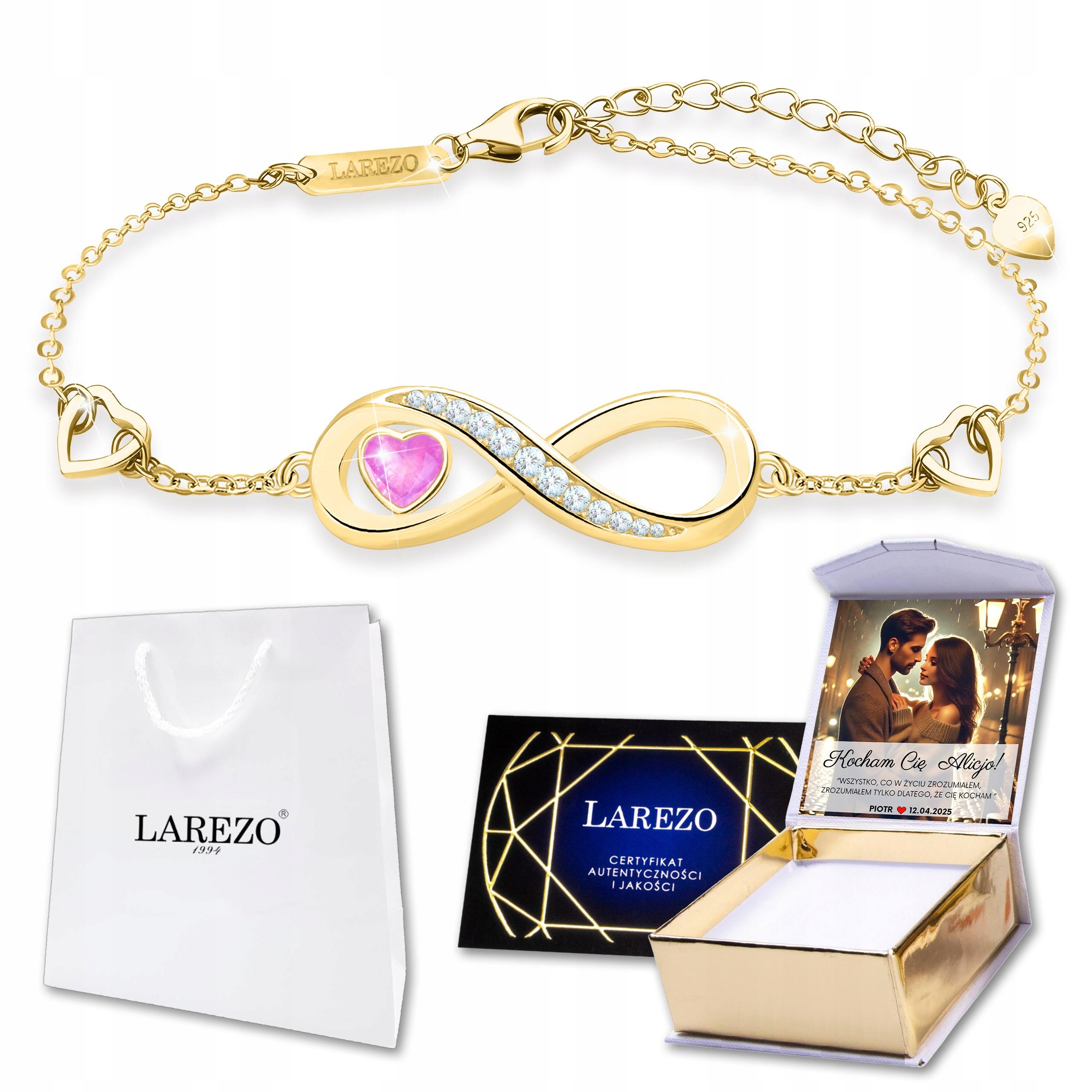 Zlatý náramek 925 Růžové srdce s nekonečnem a zirkony Potisk