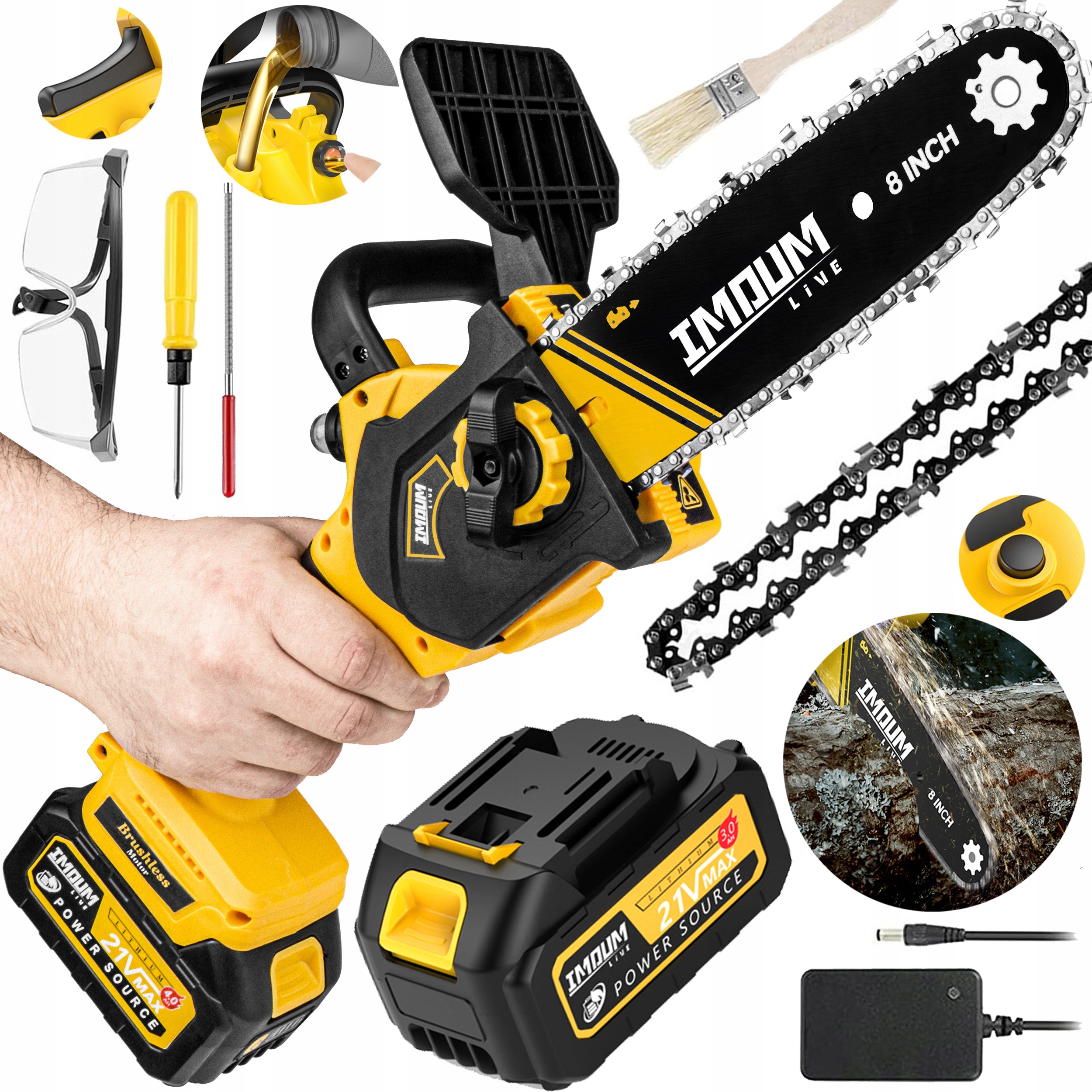Mini Piła Łańcuchowa Akumulatorowa Pilarka 8" Dwa Akumulatory Zestaw Imoum