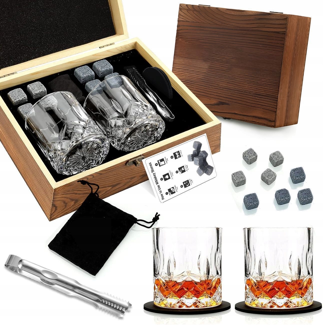 Křišťálové sklenice na whisky Granitové kameny Sada Dárek v dřevě