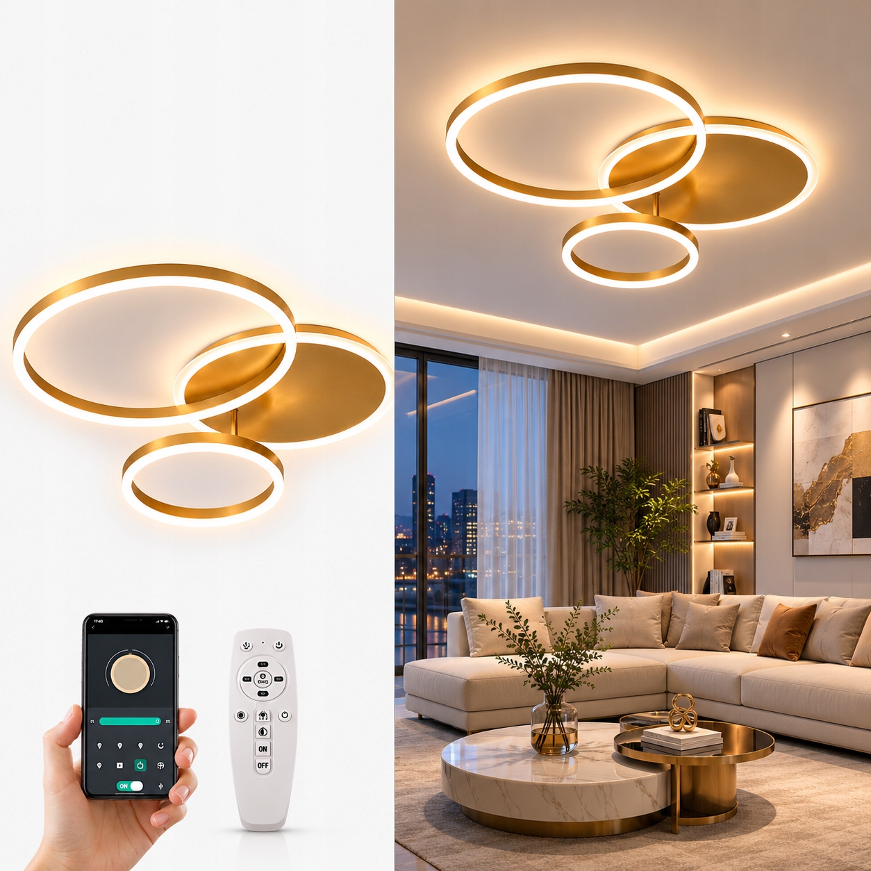 Lampa Led Ring Lampa Sufitowa Plafon Żyrandol złoty Pilot App 36 W