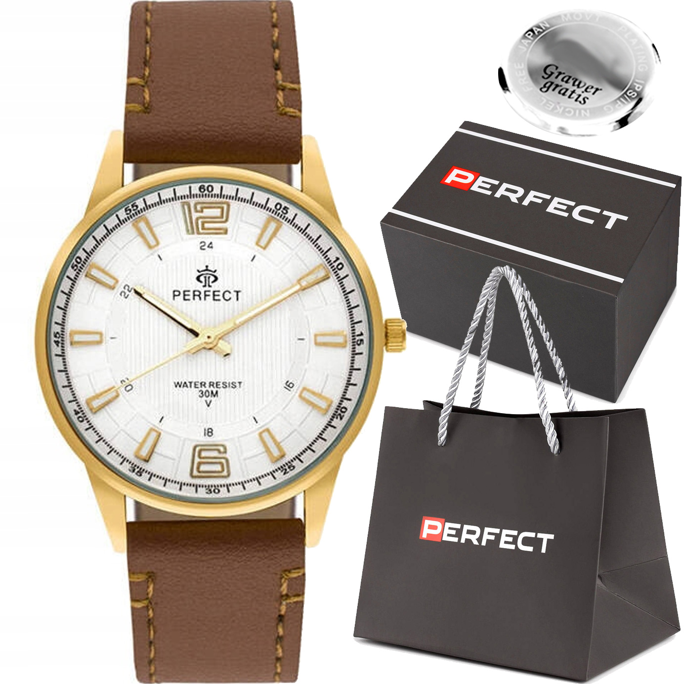 Pánské hodinky Perfect W139-04 Velké Indexy Kožený Pásek Box