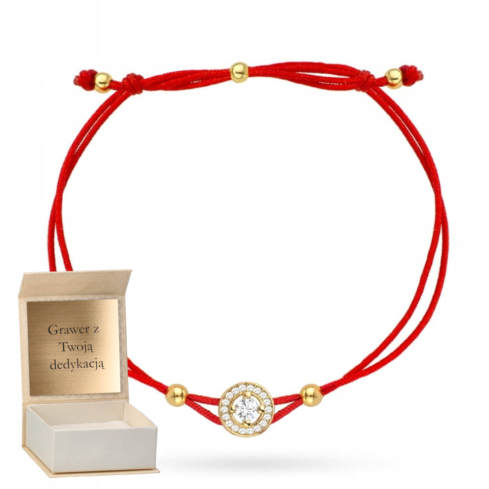 Zlatý náramek Kolečko a Zirkony na červeném provázku Zlato pr.585 Gravírování