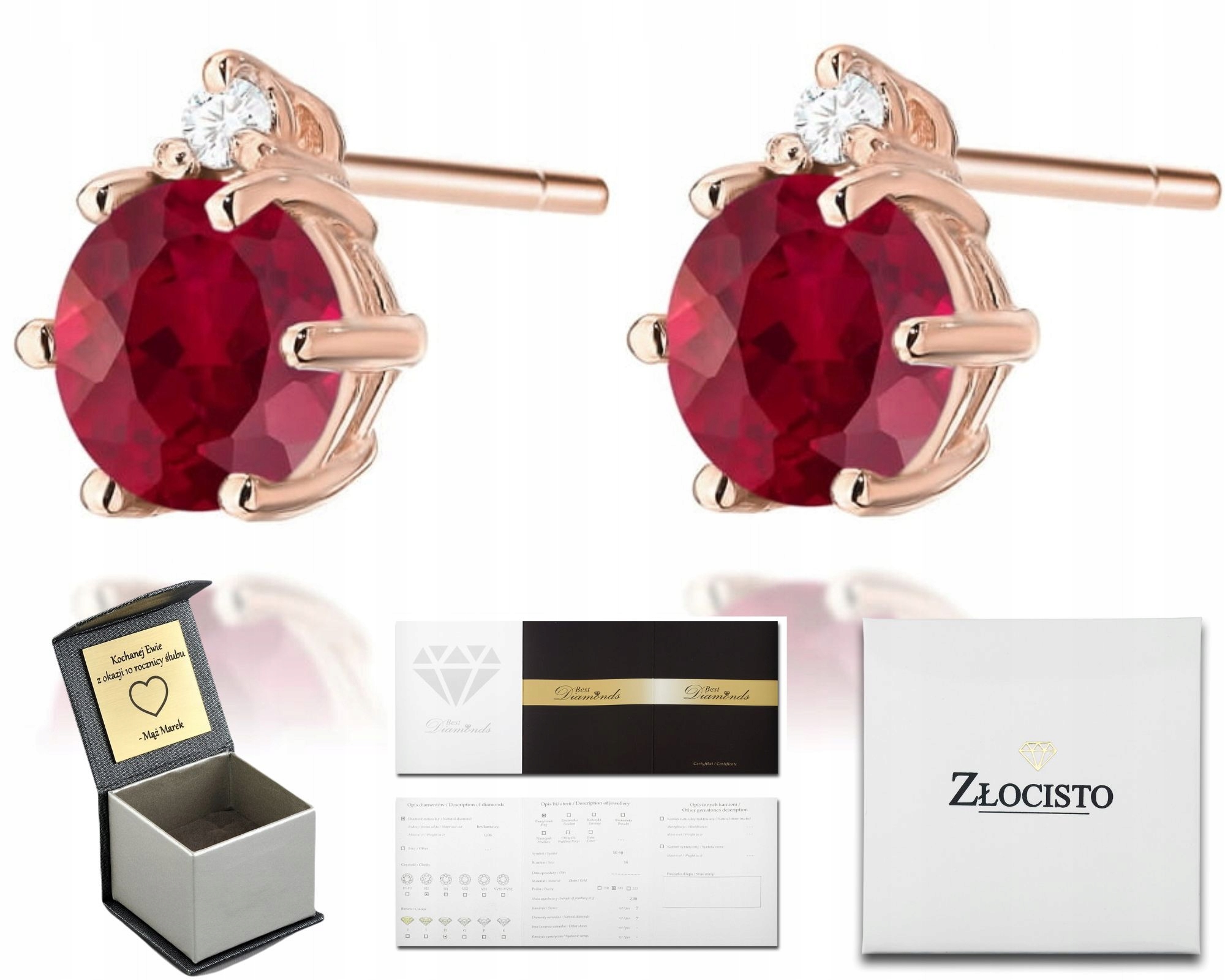 Náušnice Z Růžového Zlata S Krásným Rubín Kamenem A Diamanty – Dárek