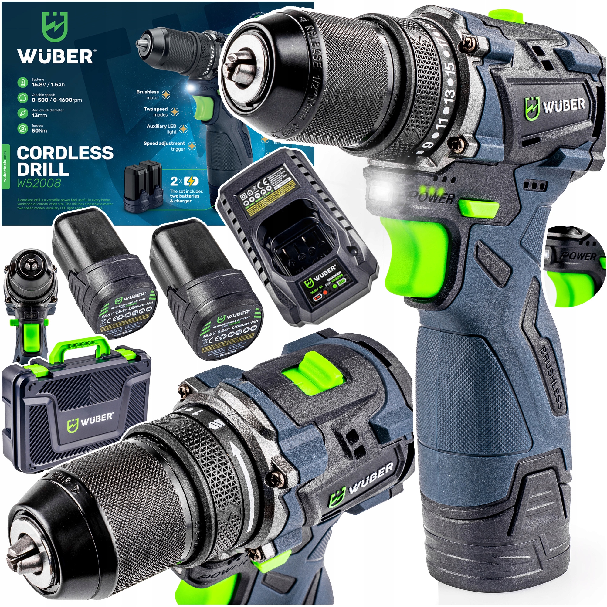 Akumulatorowa Wiertarko-wkrętarka Bezszczotkowa 2xBATERIA Ładowarka Wuber