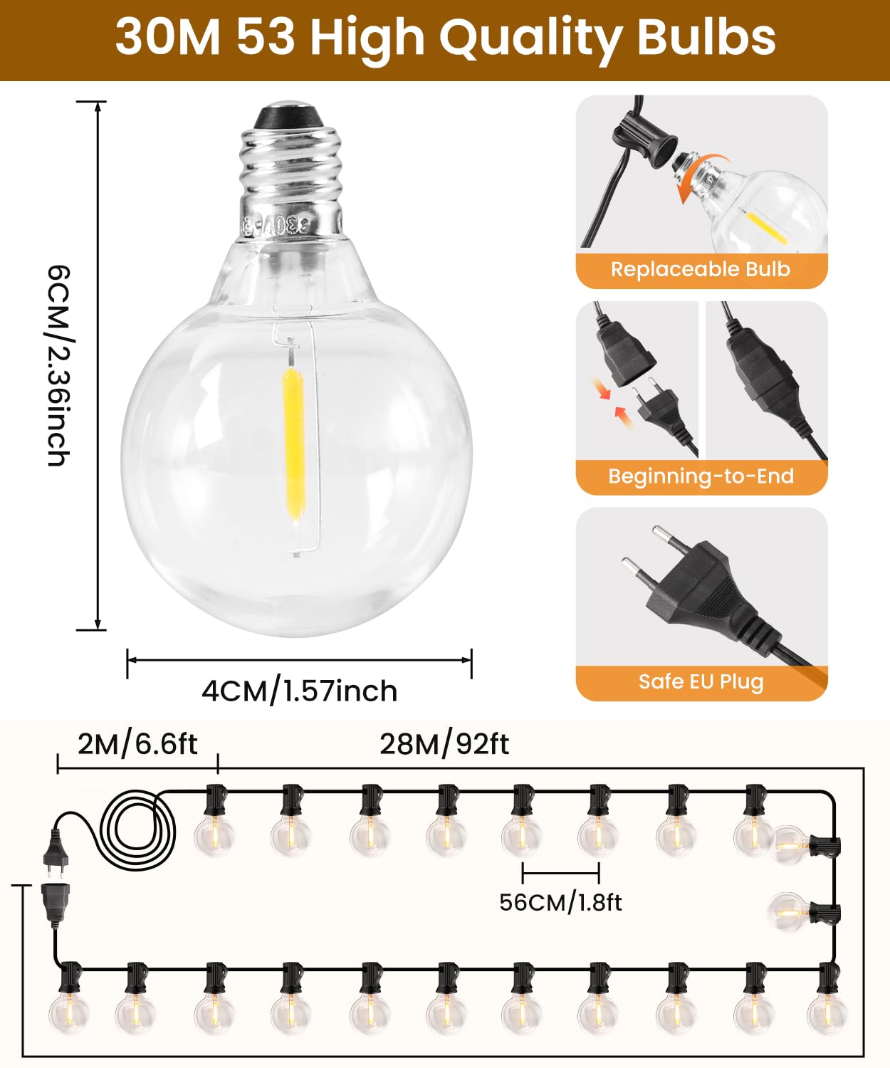 LED LAMPKI OGRODOWE 30M IP44 WODOODPORNE 52 ŻARÓWKI CIEPŁY BIAŁY — miniatura 3