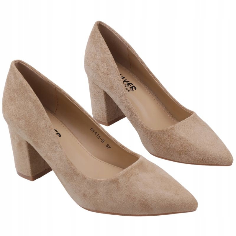 BEŻOWE CZÓŁENKA DAMSKIE NA SŁUPKU BUTY ZAMSZOWE ELEGANCKIE WKŁ. EKOSKÓRA Marka inna