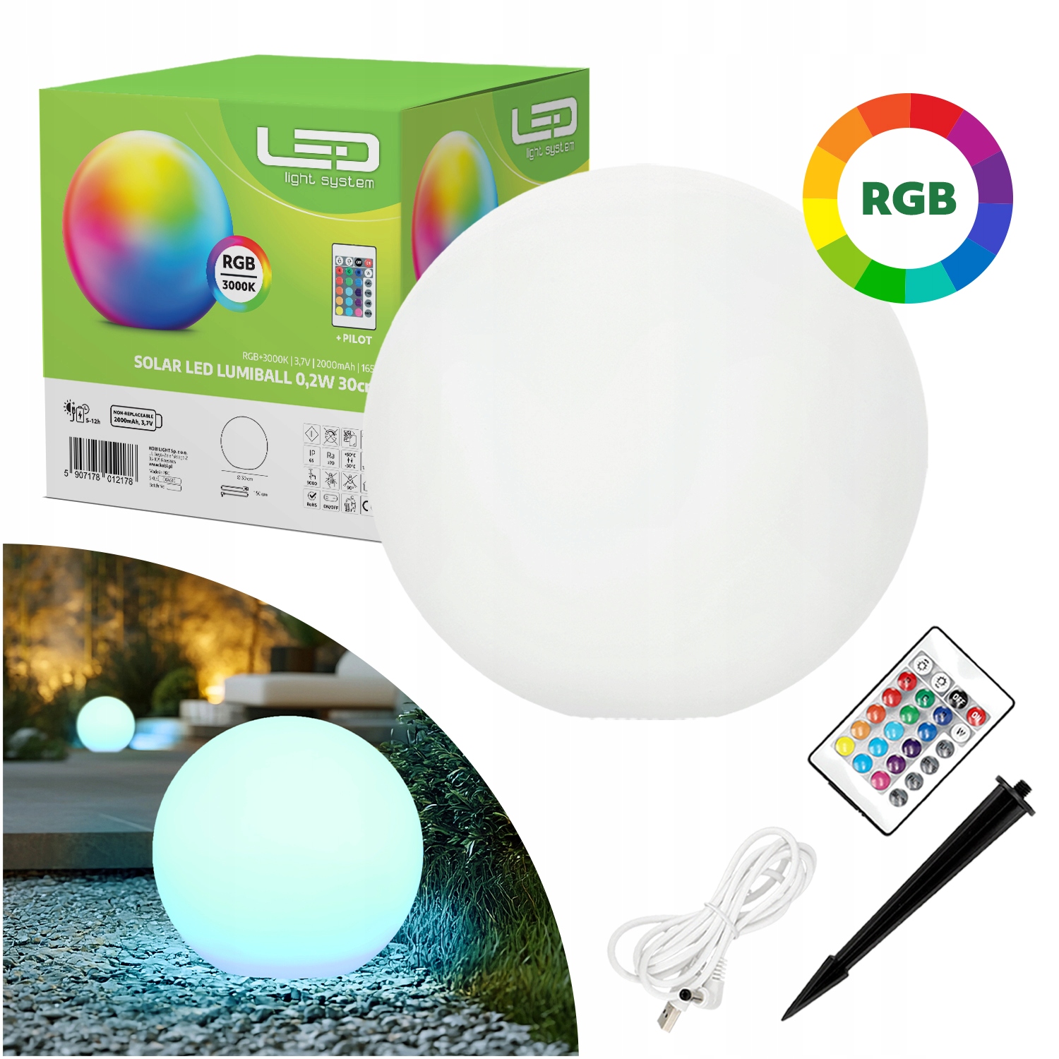 Zahradní Koule 30 cm Rgb 3000K s dálkovým ovládáním Solární Svítící lampa Vodotěsná