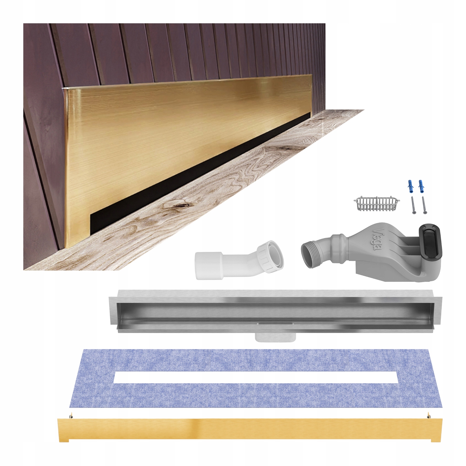 Lineární odtok 80 cm zlatý saténový sifon Viega Wall Waterway