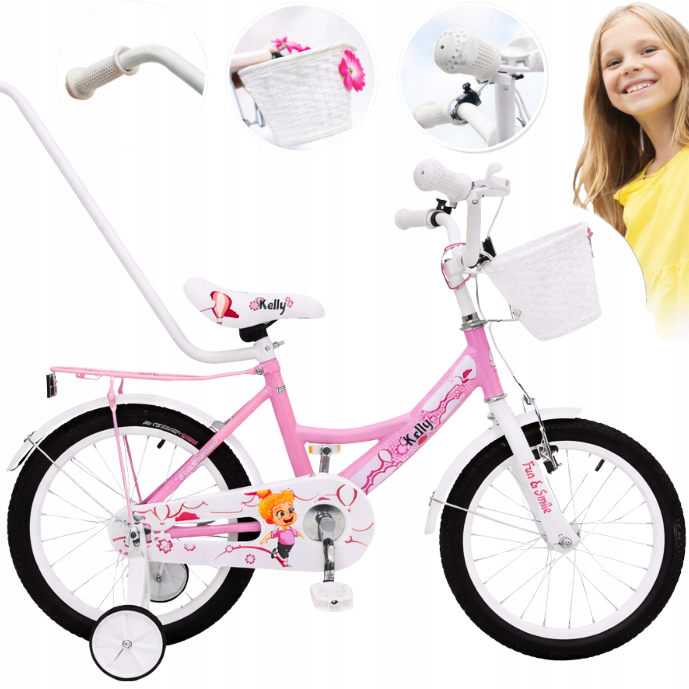 Rower Dziecięcy 16 Cali Rowerek Dla Dzieci Koła Boczne Drążek Bagażnik Kosz