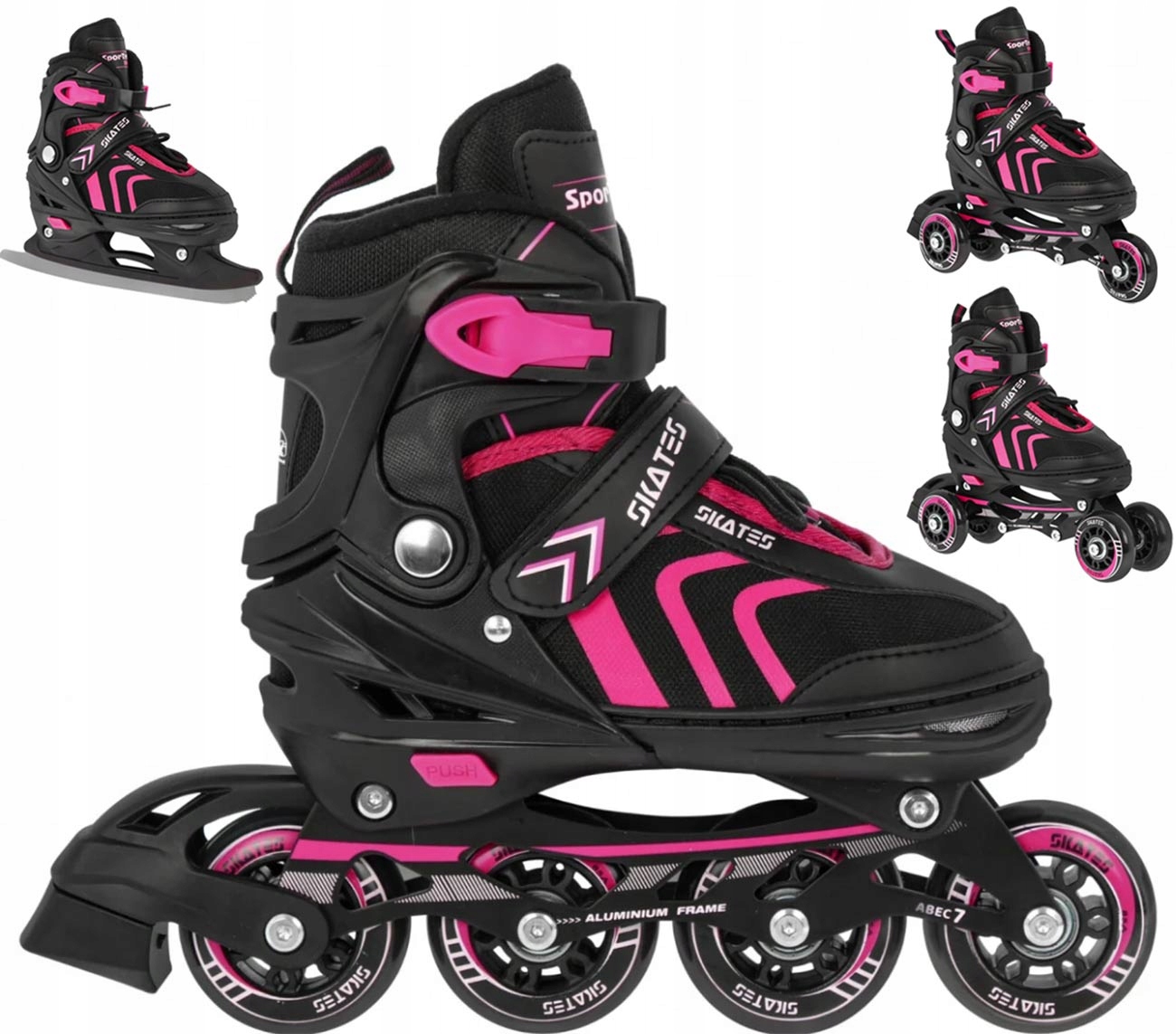Rolki regulowane SporTrike czarne/różowe 4 kółka 64 mm 85A ABEC-7