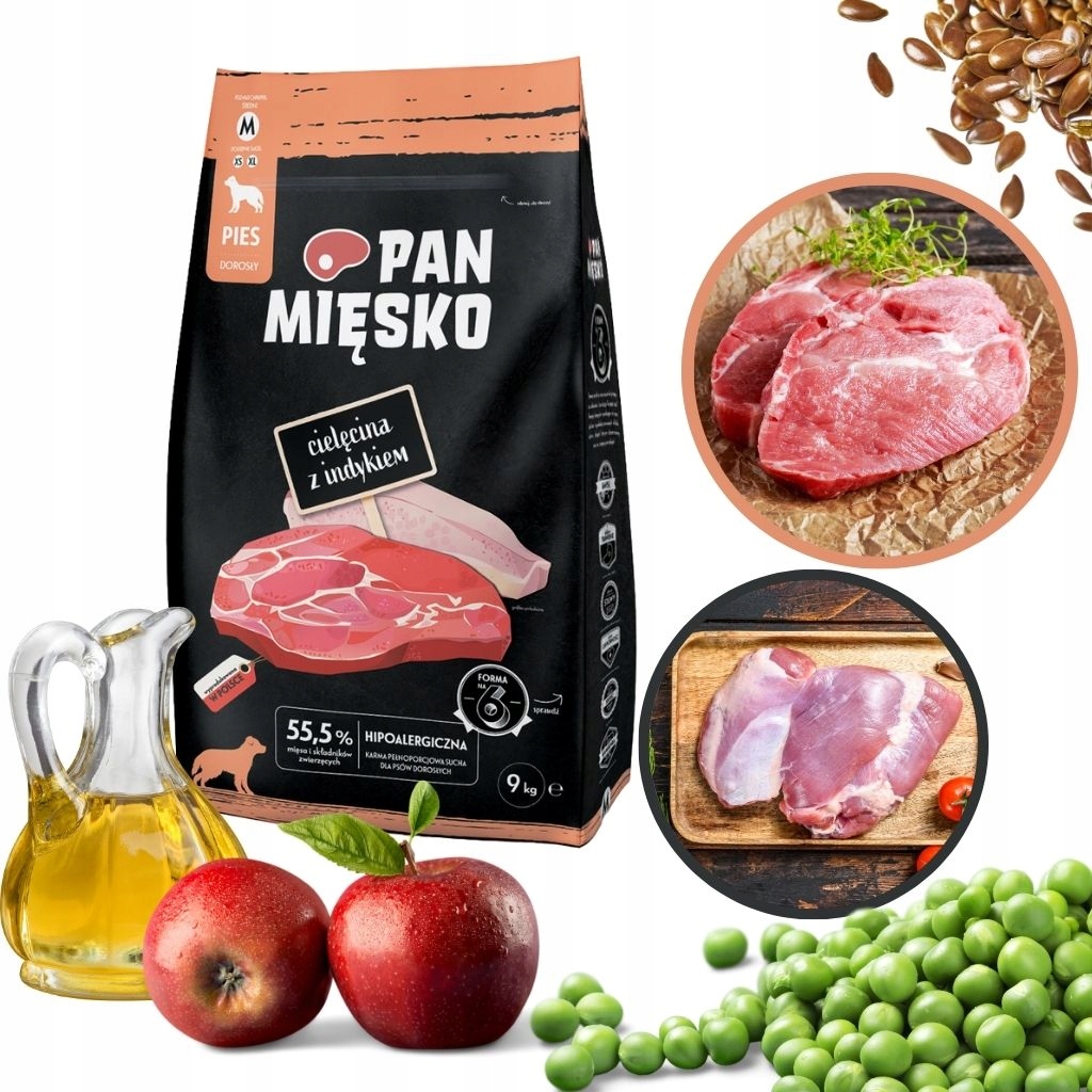 Pan Mięsko Karma Pies cielęcina z indykiem chrupki M 9kg
