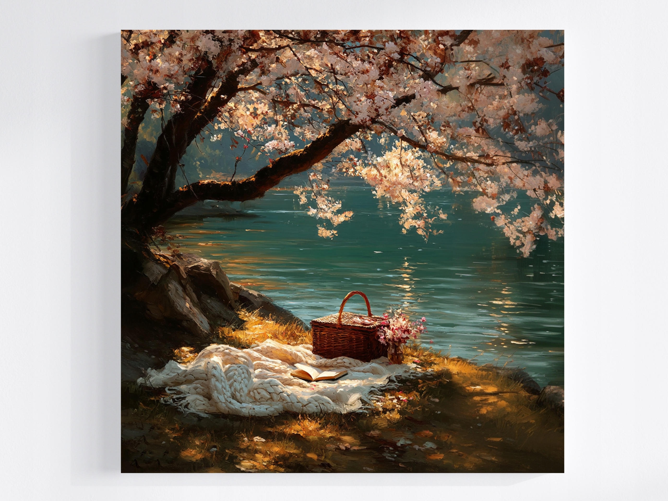 Obraz Na Plátně Canvas Řeka Jezero Dřevo Květiny Deka Kniha Léto 80x80