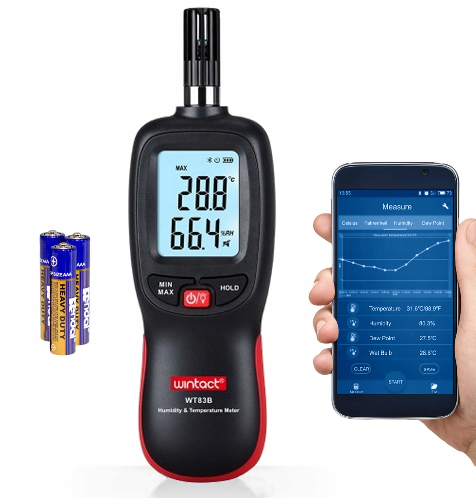 HIGROMETR WILGOTNOŚCIOMIERZ MIERNIK WILGOTNOŚCI I TEMPERATURY BLUETOOTH LCD