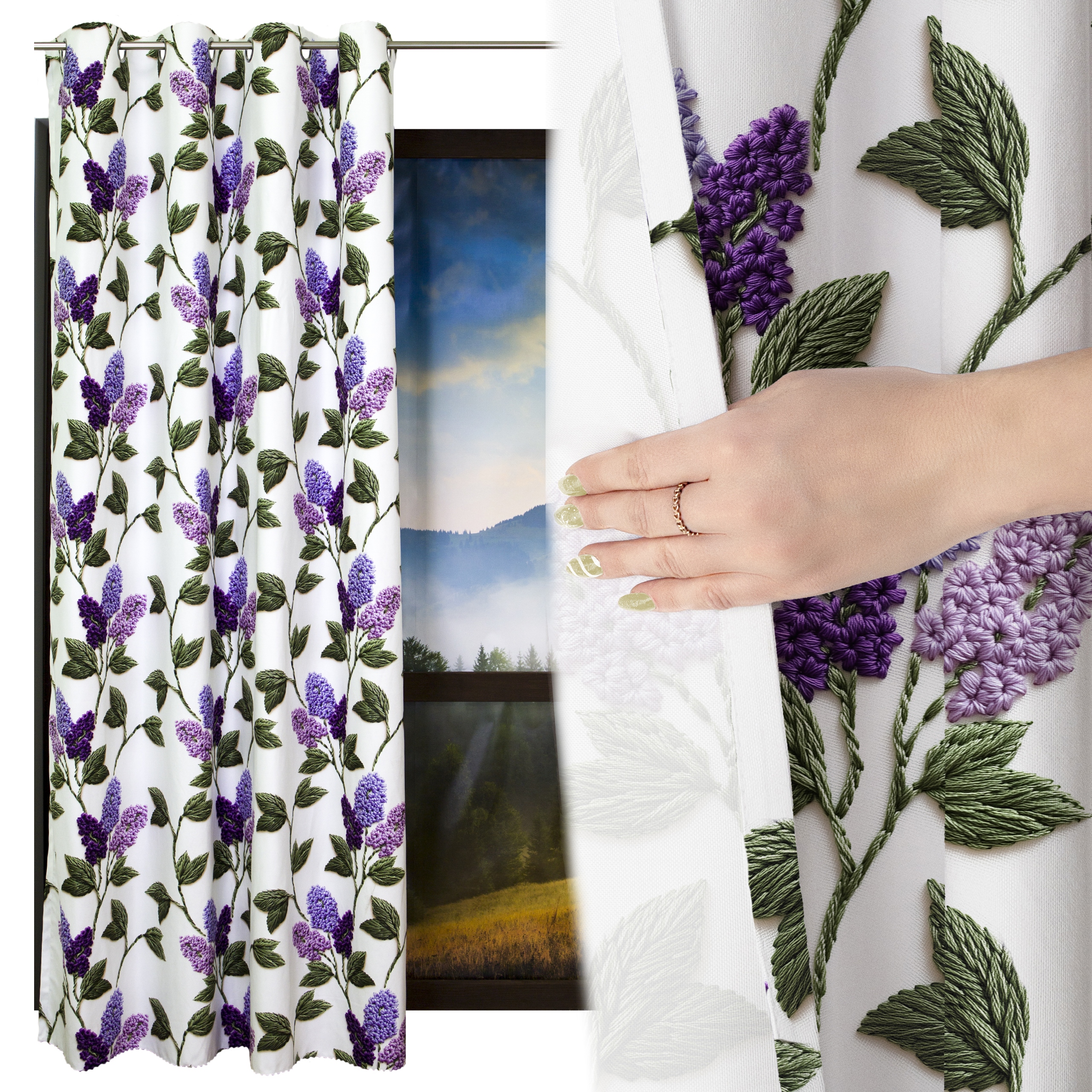 Hotový Závěs s potiskem bezového květu 160 x 240 cm oka, 3D vyšívací efekt