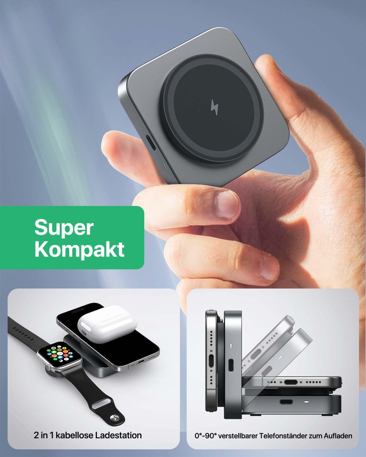 MAGSAFE PRZENOŚNA ŁADOWARKA BEZPRZEWODOWA DO IPHONE I APPLE WATCH SZARA — miniatura 2