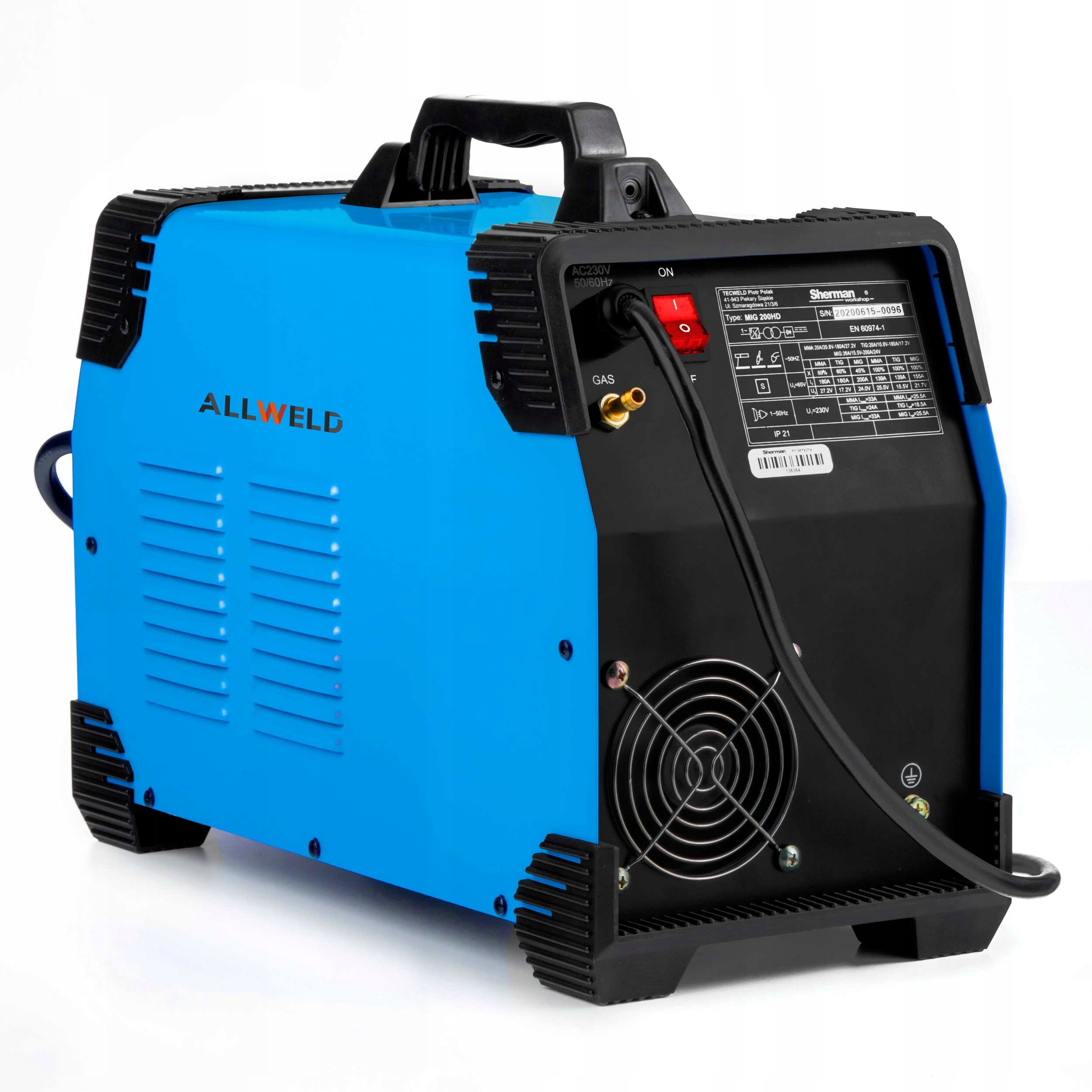 SPAWARKA MIGOMAT SHERMAN MIG 200HD MMA TIG ALUMINIUM SYNERGIA 200A 230V 3W1 Prąd spawania 200 A