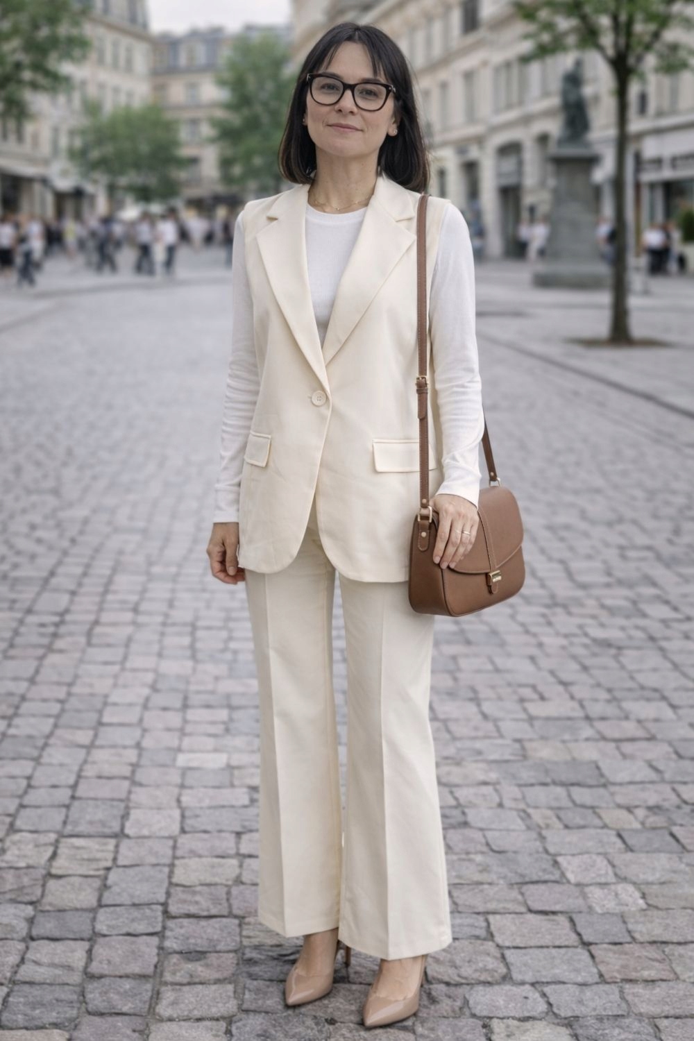 Dámský elegantní komplet Ecru Vesta kalhoty Italský styl Uni