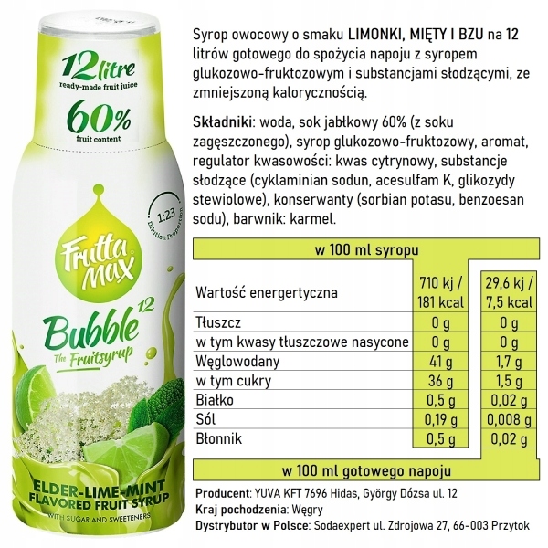 FruttaMax SYROP KONCENTRAT DO NAPOI GAZOWANYC SMAK LIMONKA-BEZ-MIĘTA NA 12l Kod producenta FMB12500LMB