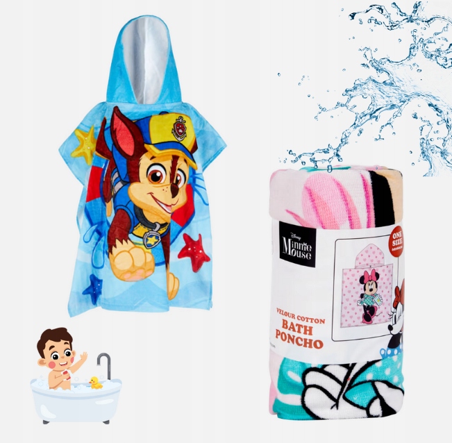 PONCZO KĄPIELOWE Z KAPTUREM DLA DZIECI WE WZORY POPULARNYCH 60 x 120 cm