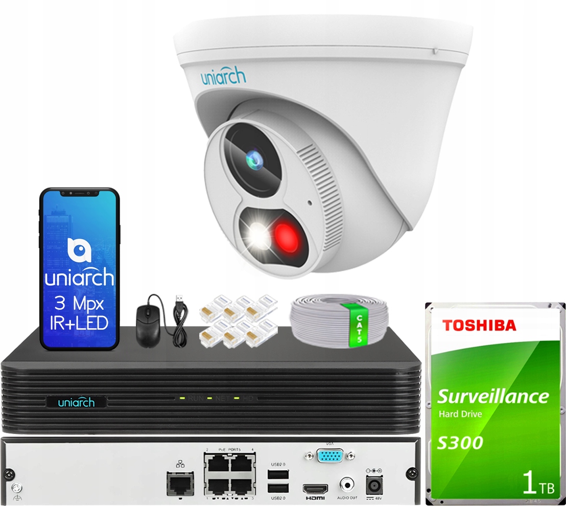 Monitoring IP Do Domu Kamera 3Mpx Noc/Kolor Nagrywarka 4 Kanały Dysk 1TB