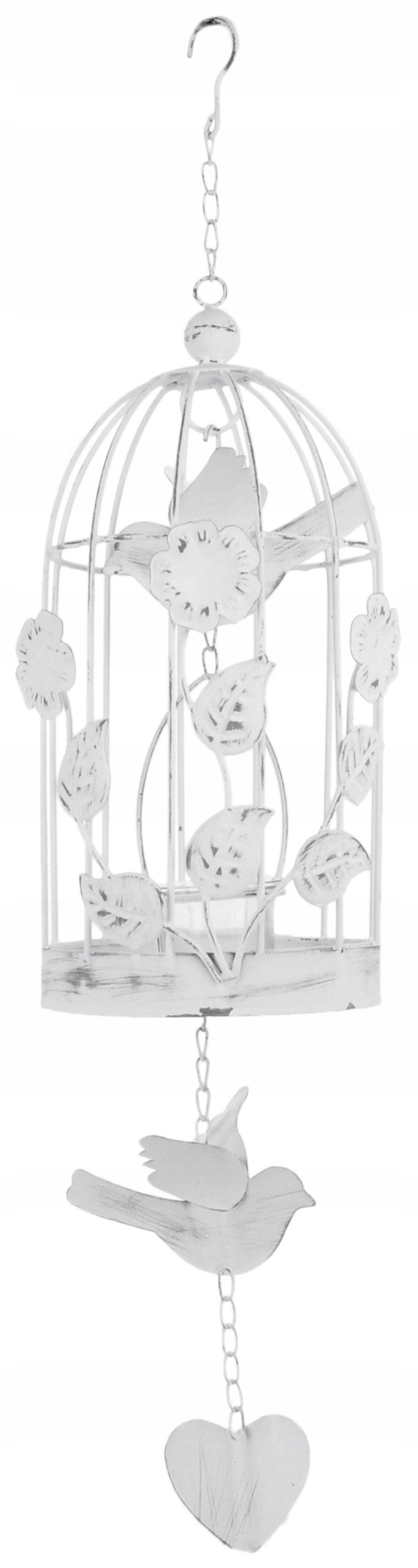 Wiszący ŚWIECZNIK klatka PROWANSJA biały PTASZEK