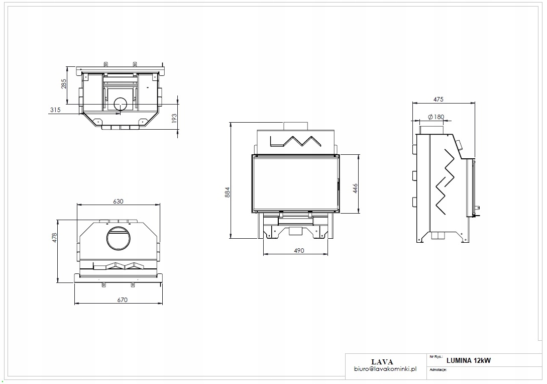 KOMINEK WKŁAD POWIETRZNY LAVA LUMINA 12 KW Moc (kW) 11-15