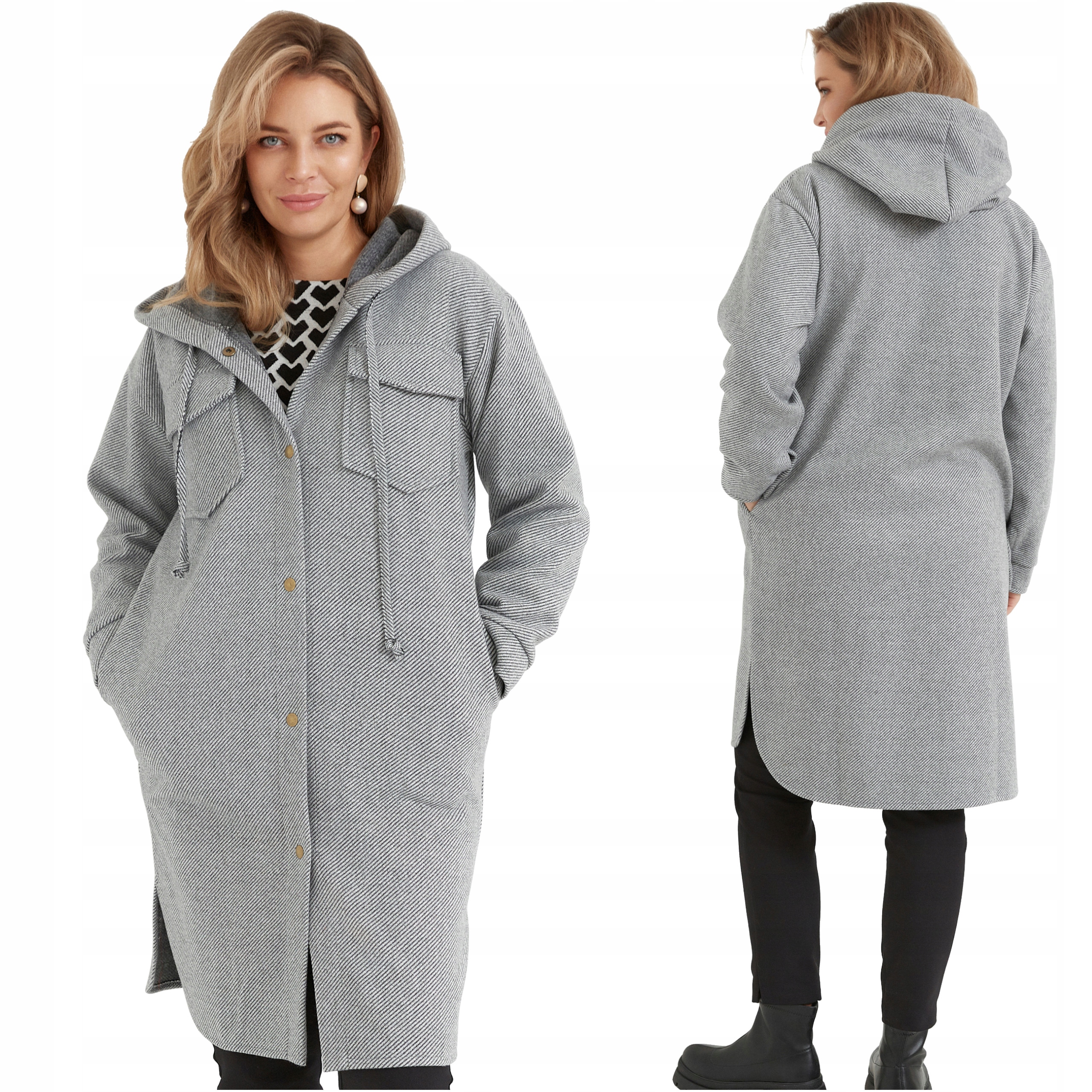 Dámský podzimní vlněný kabát S Kapucí kapucí, plus size, Polský Výrobce