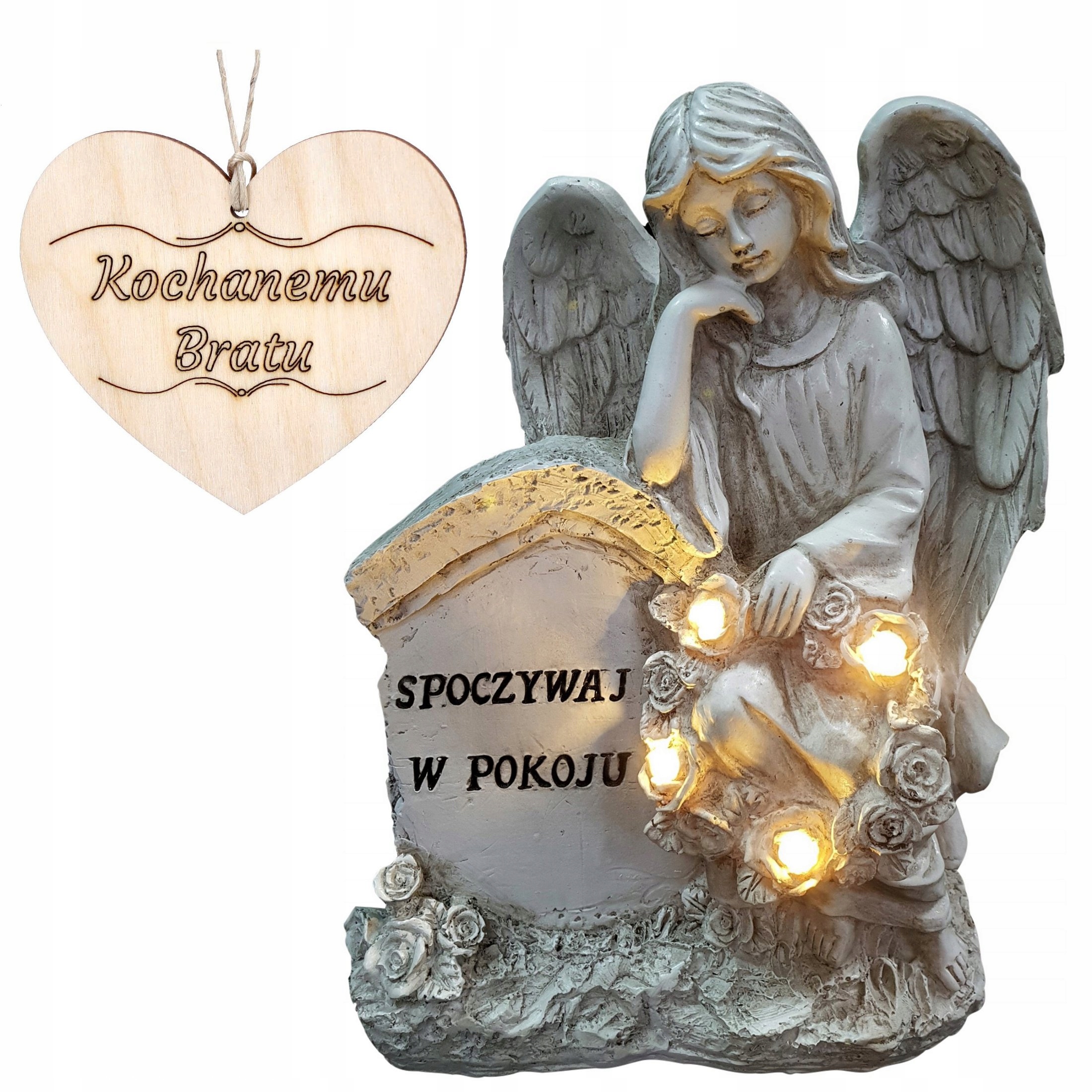 ZNICZ ANIOŁ STRÓŻ z napisem SPOCZYWAJ W POKOJU na grób BRATA 21,5 CM