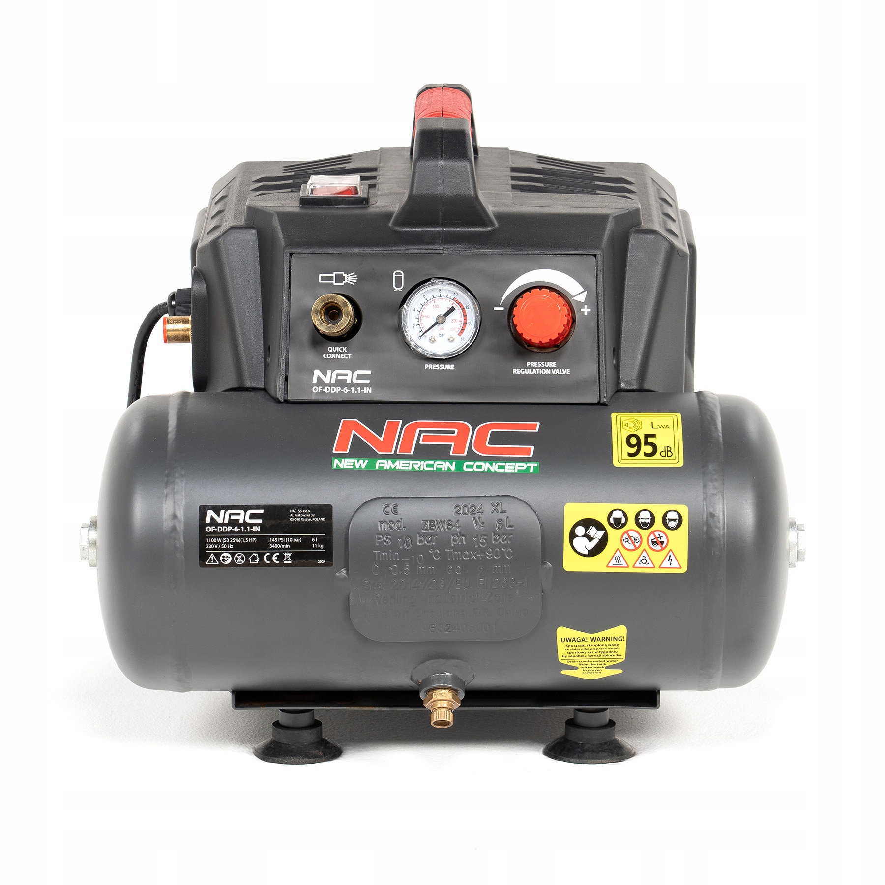 Bezolejový Kompresor S Priamym Pohonom 1100 W 6 L Nac 1,5 Hp 135 L/h