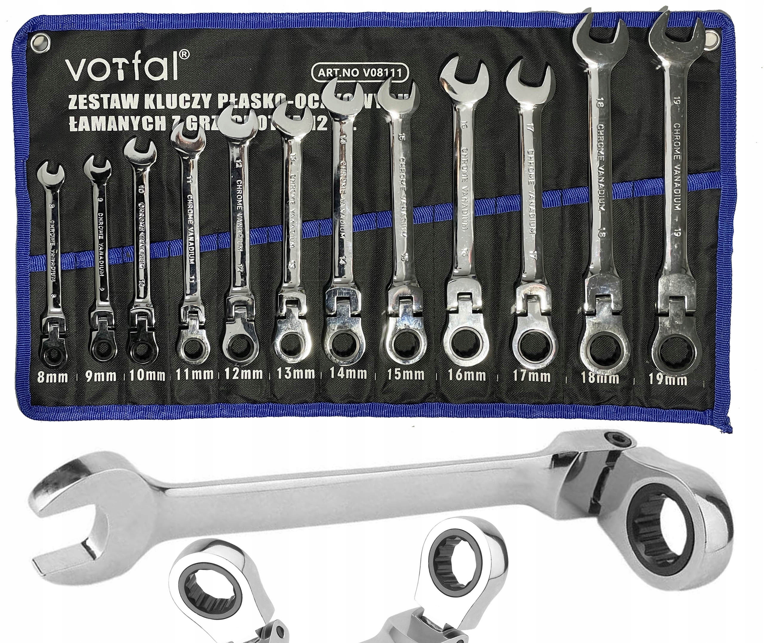 Klucze Płaskie Oczkowe Z Grzechotką Łamane Kute CrV 12-EL 8-19MM Zestaw