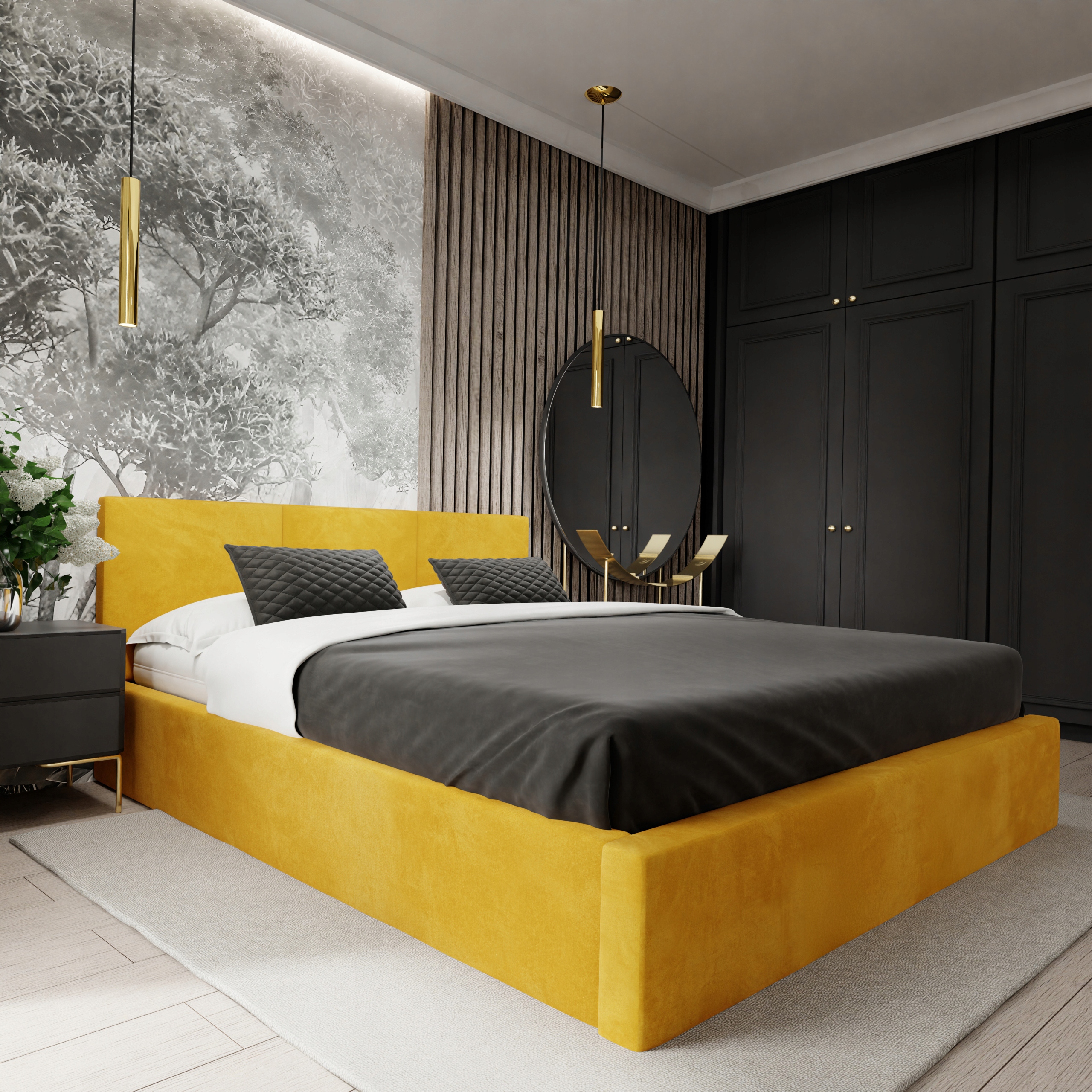 Čalouněná Postel Do Ložnice 160x200 Manželská Postel S Úložným Prostorem Žlutá