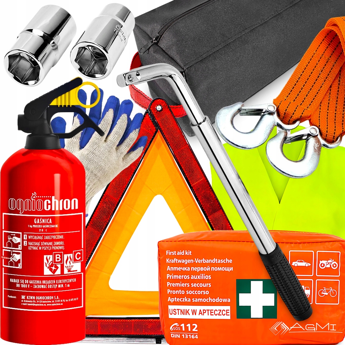 Hasicí Přístroj 1 Kg Lékárnička DIN3164 Trojúhelníkový Klíč Na Kola Tažné Lanko Taška