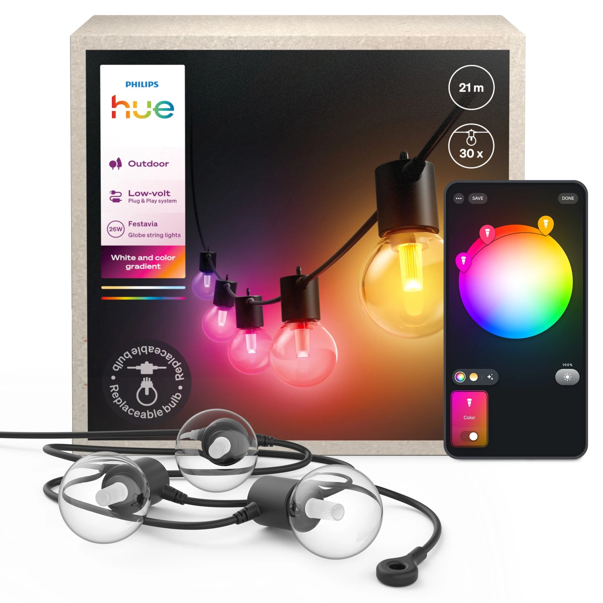 Vonkajšia záhradná girlanda 21 m IP65 30LED Rgb Smart Festavia Philips Hue