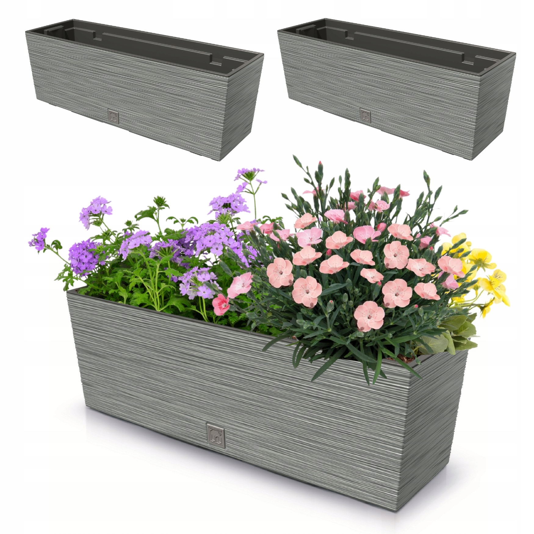 2x Květináč 18L balkonový truhlík 58x19,5 cm šedý prostorná vložka 12L