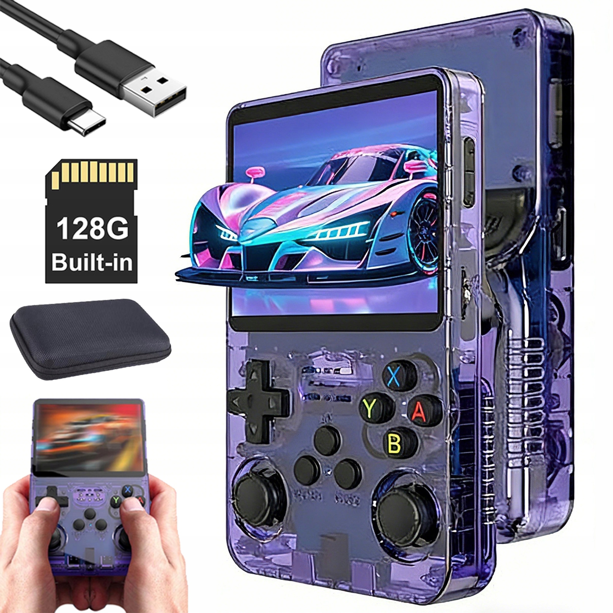 KONSOLA RETRO R36S EKRAN 3.5 HD IPS 21000 GIER PROCESOR QUAD CORE FIOLETOWA