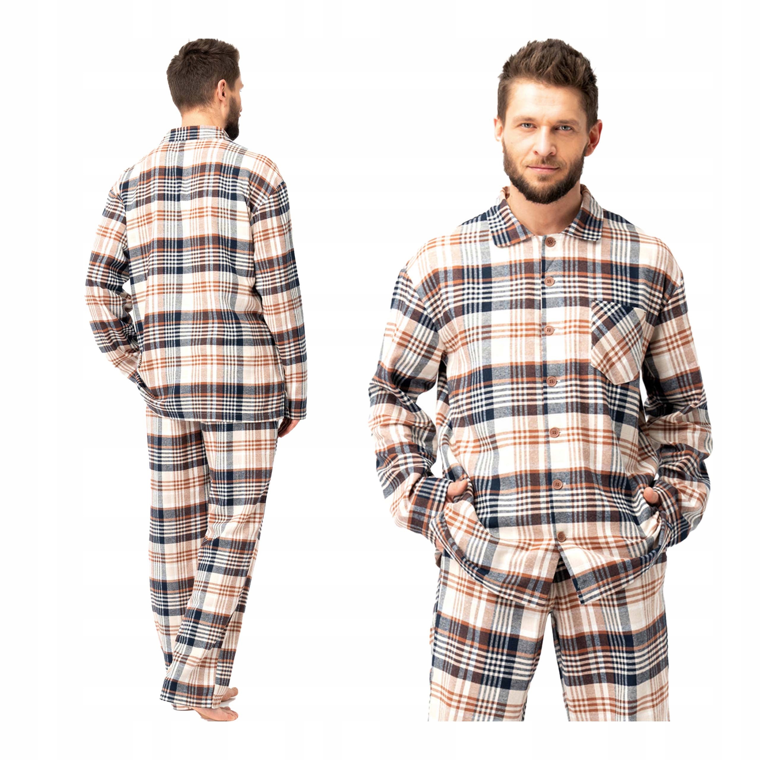 Pánské flanelové pyžamo s dlouhým rukávem, kalhoty bavlna Key 4XL