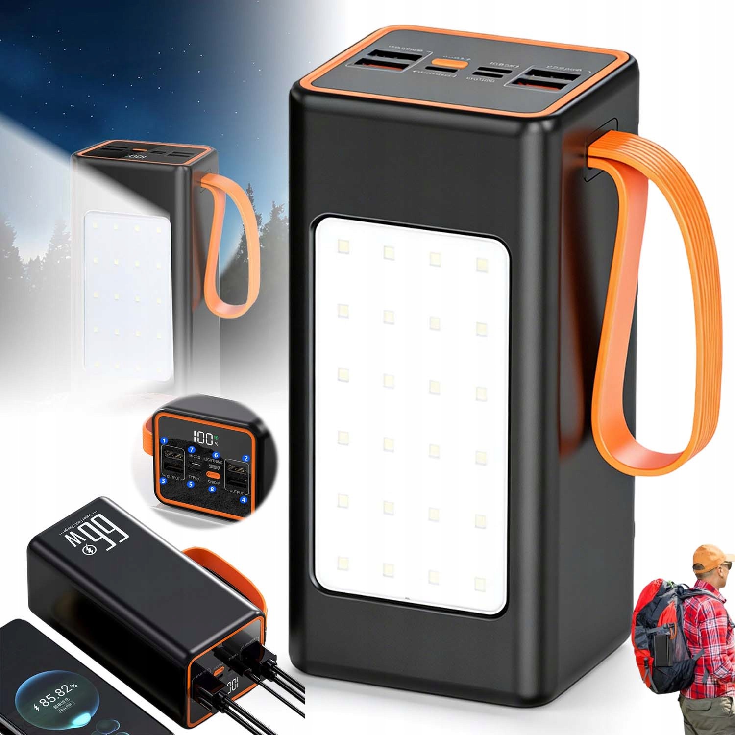 Rychlá Powerbanka Výkonná 50000 Mah S Svítilnou Výkonná Led Pro Kempování 5 Zařízení