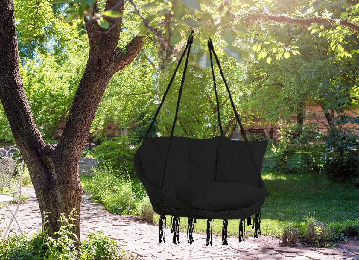FOTEL WISZĄCY HUŚTAWKA OGRODOWA BOCIANIE GNIAZDO Z PODUSZKAMI CZARNY Długość siedziska 60 cm