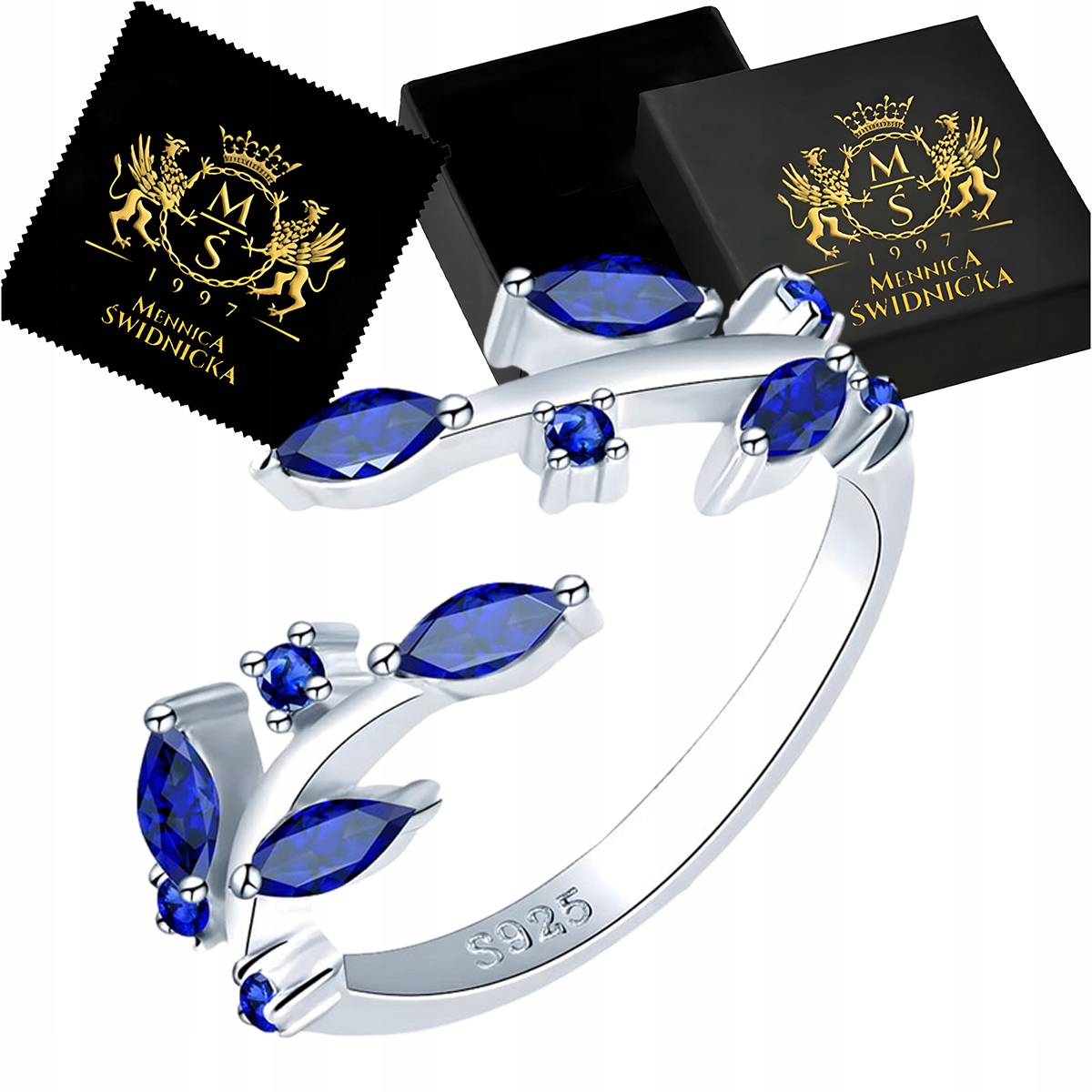 Pierścionek Srebrny z Szafirowymi Cyrkoniami Uniwersalny Regulowany Srebro