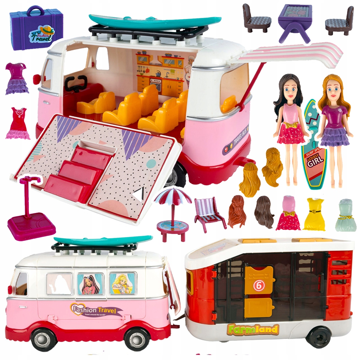 Kamper WIELKIE AUTO Autobus z Przyczepką Lalek Rozkładany Otwierany Domek Elementy zestawu Kamper, akcesoria