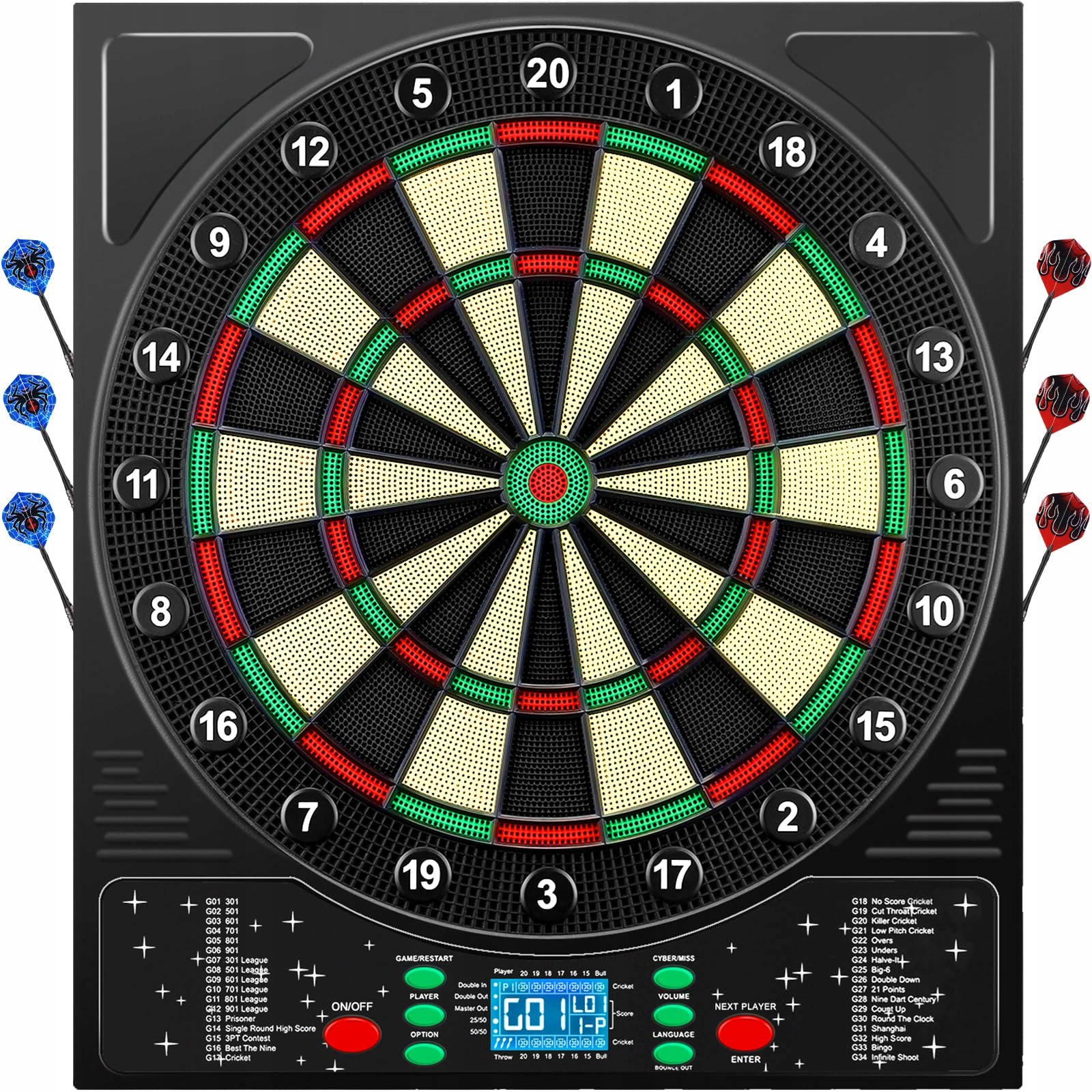 COANHCTM Elektroniczna Tarcza Dart Z Głosem Niemieckim 12 Rzutki LCD 34 Gry