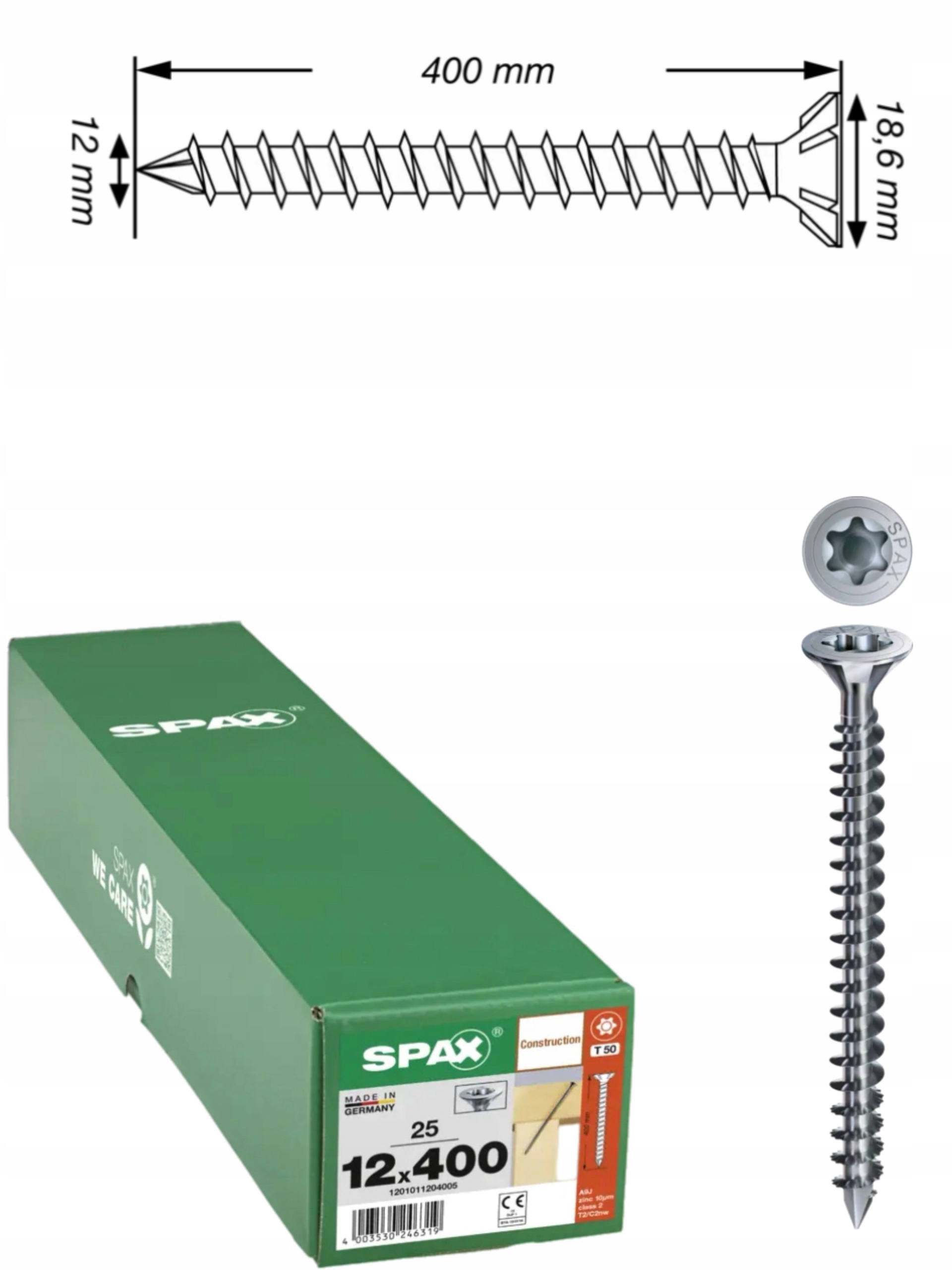 Univerzálna skrutka Wirox Tx 12 x 400 mm, plný závit, 50 ks