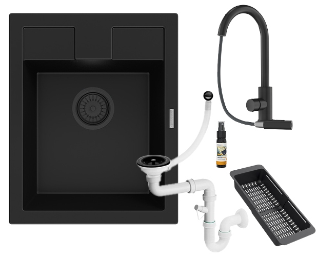 Dřez Best černý granitový sada baterie Loseto sifon odkapávač